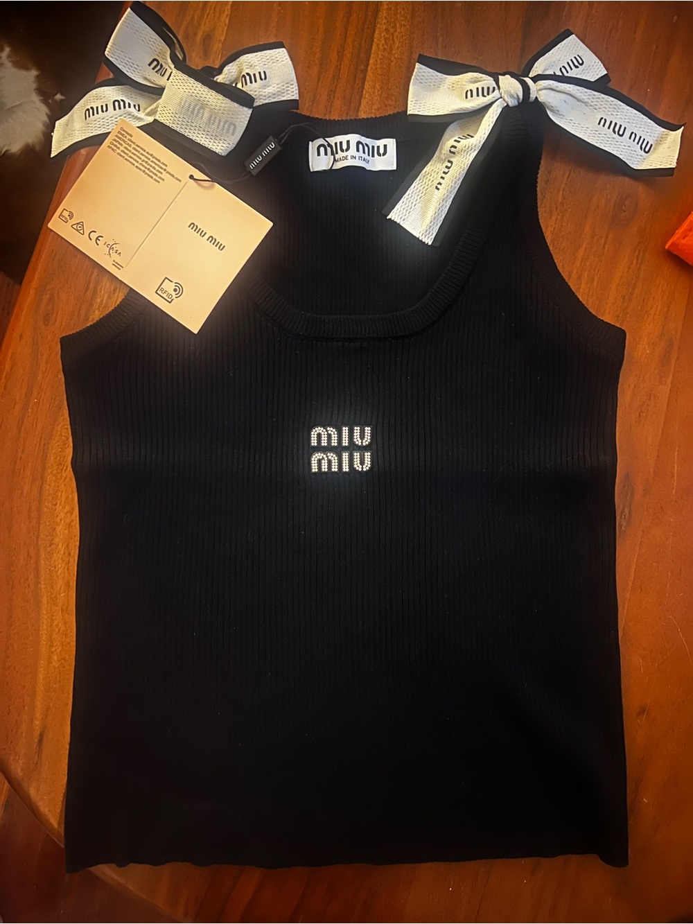 Miu Miu Black Ribbed Tank Ribbon Detail